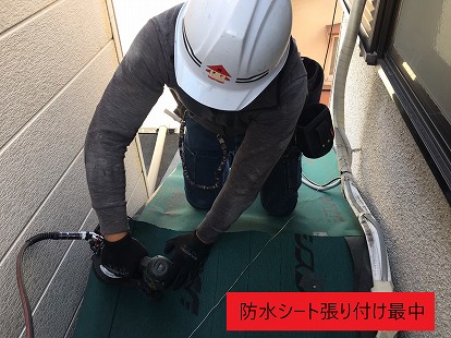 防水シート張り付け最中