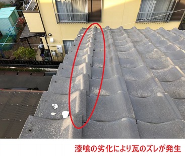 漆喰の劣化による瓦のズレが発生