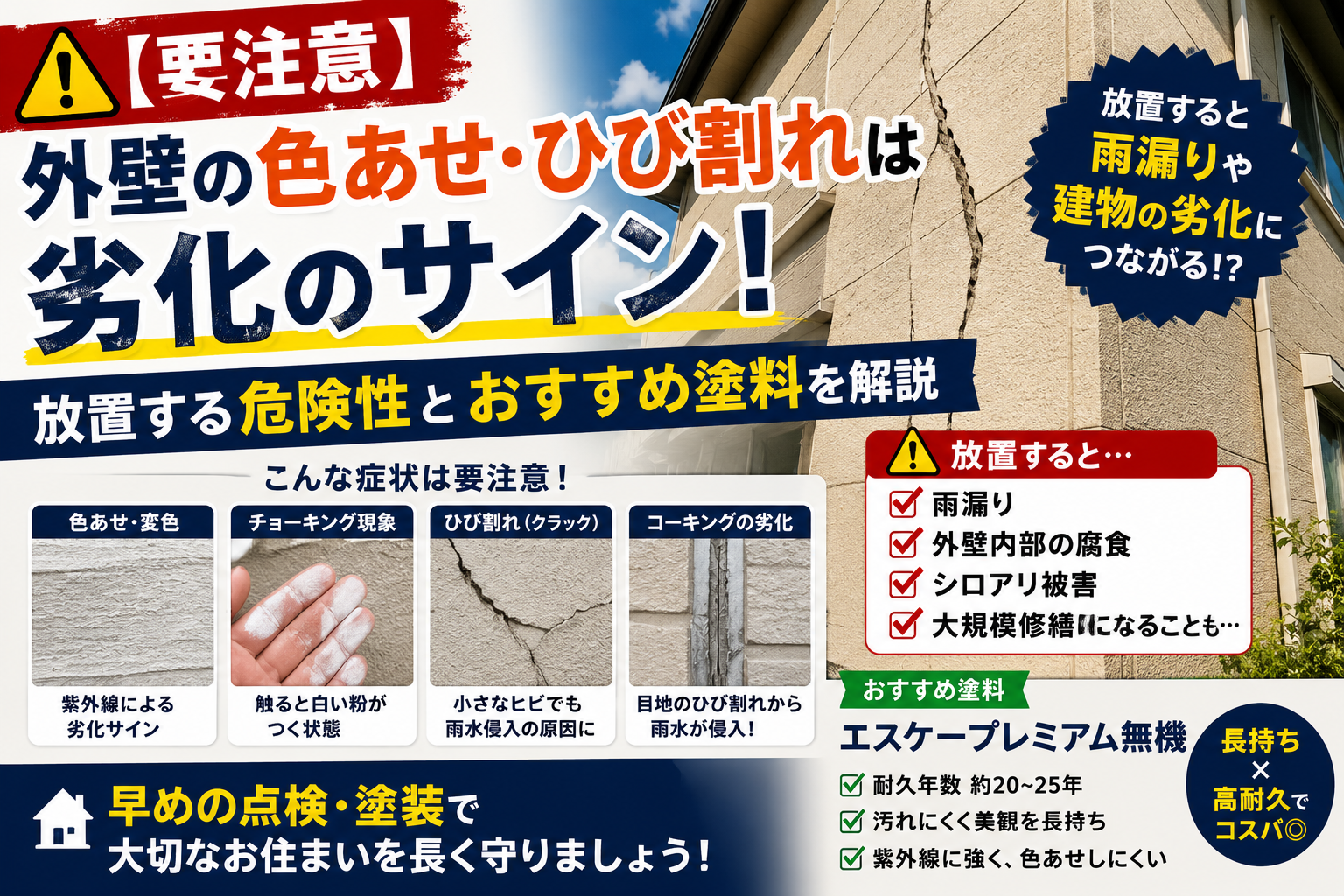 【要注意】外壁の色あせ・ひび割れは劣化のサイン!放置する危険性とおすすめ塗料を解説