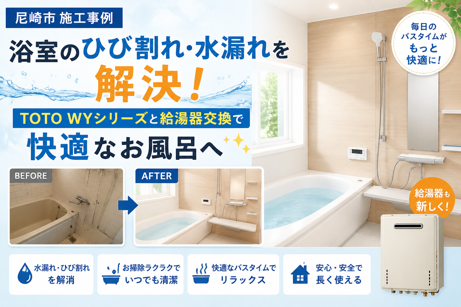 【尼崎市 施工事例】浴室のひび割れ・水漏れを解決!TOTO WYシリーズと給湯器交換で快適なお風呂へ