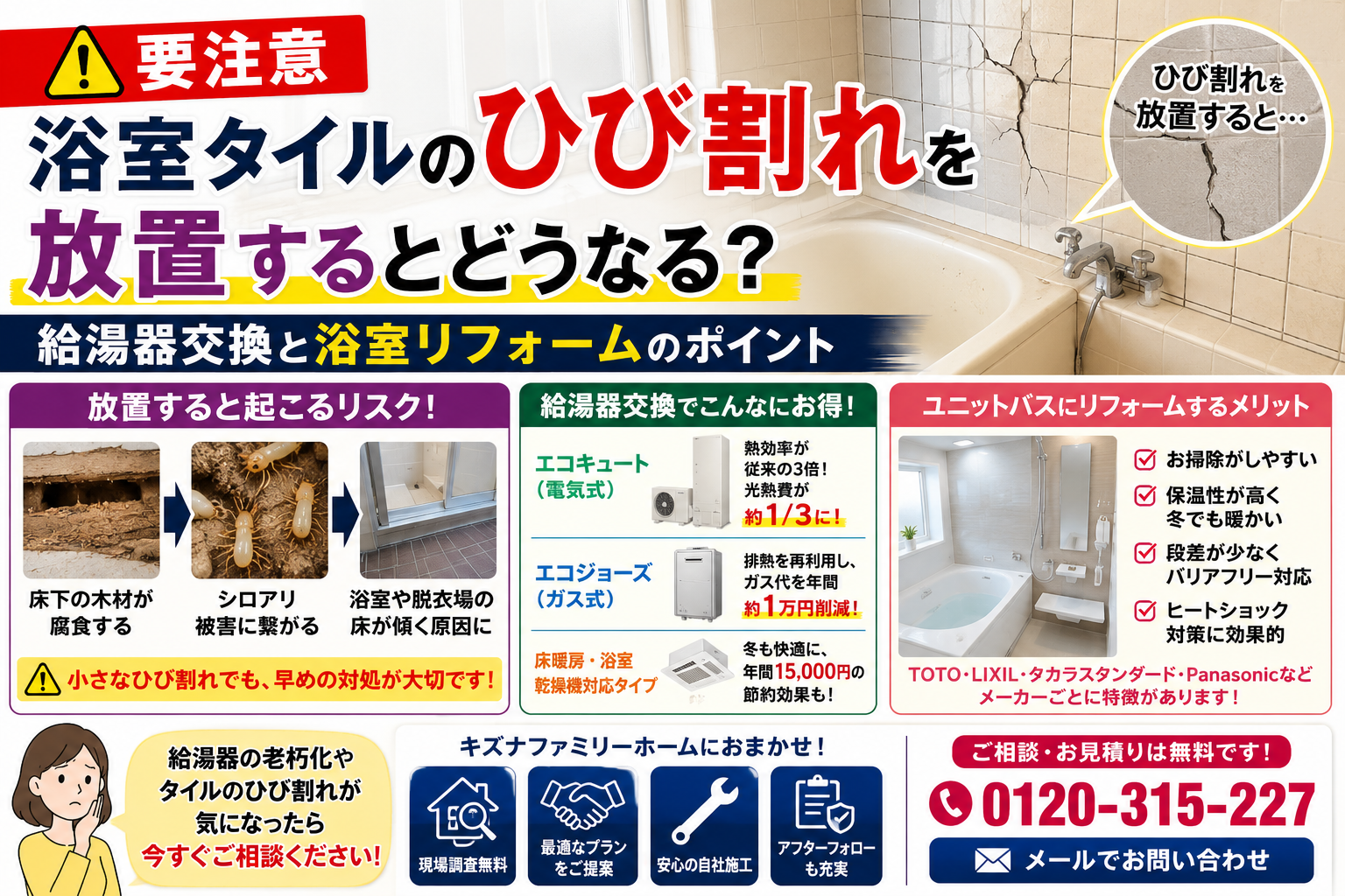 【要注意】浴室タイルのひび割れを放置するとどうなる?給湯器交換と浴室リフォームのポイント