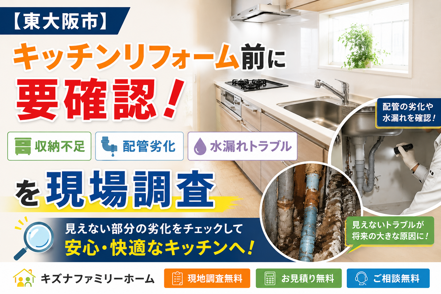 【東大阪市】キッチンリフォーム前に要確認！収納不足・配管劣化・水漏れトラブルを現場調査