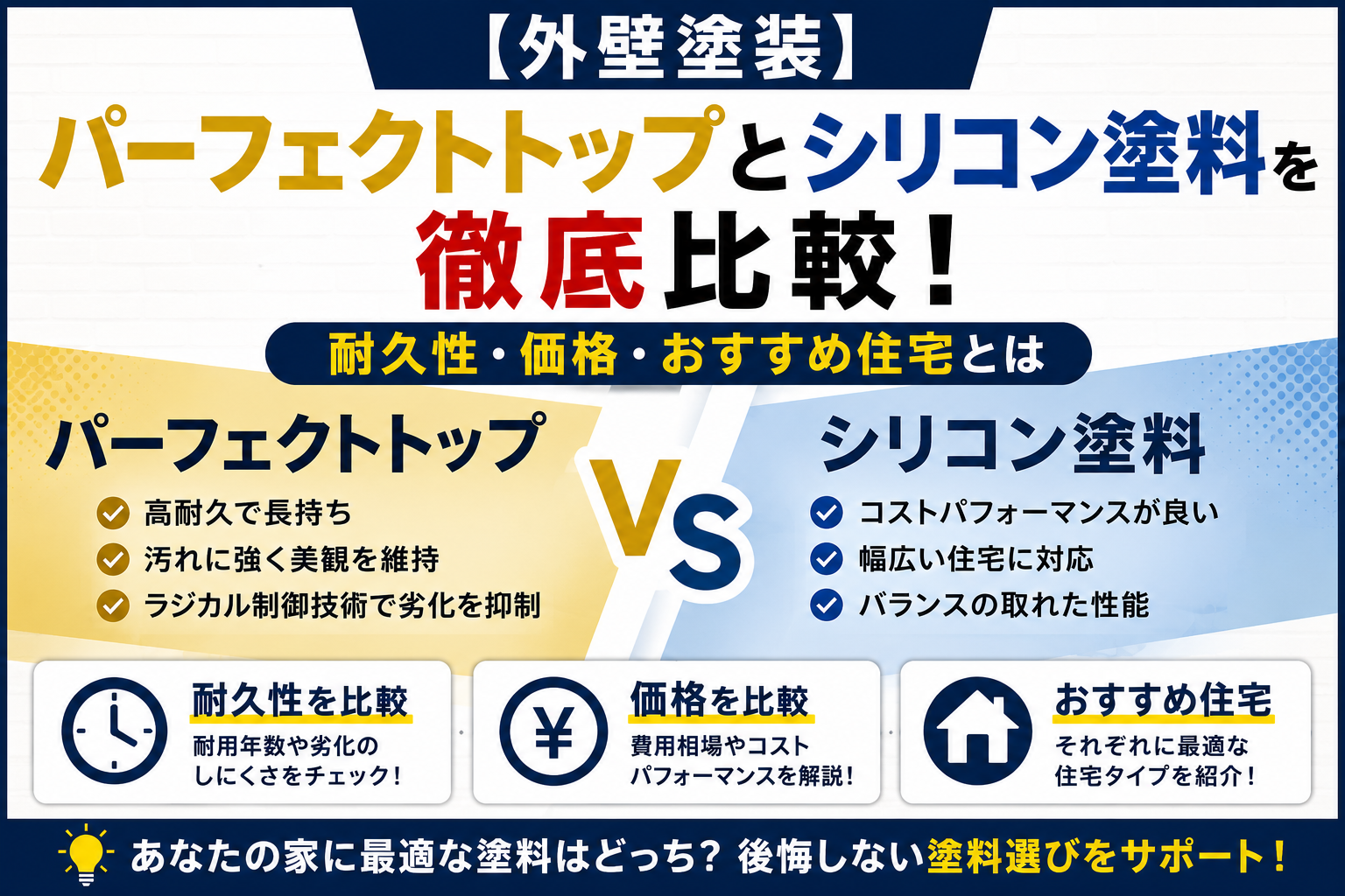 【外壁塗装】パーフェクトトップとシリコン塗料を徹底比較!耐久性・価格・おすすめ住宅とは