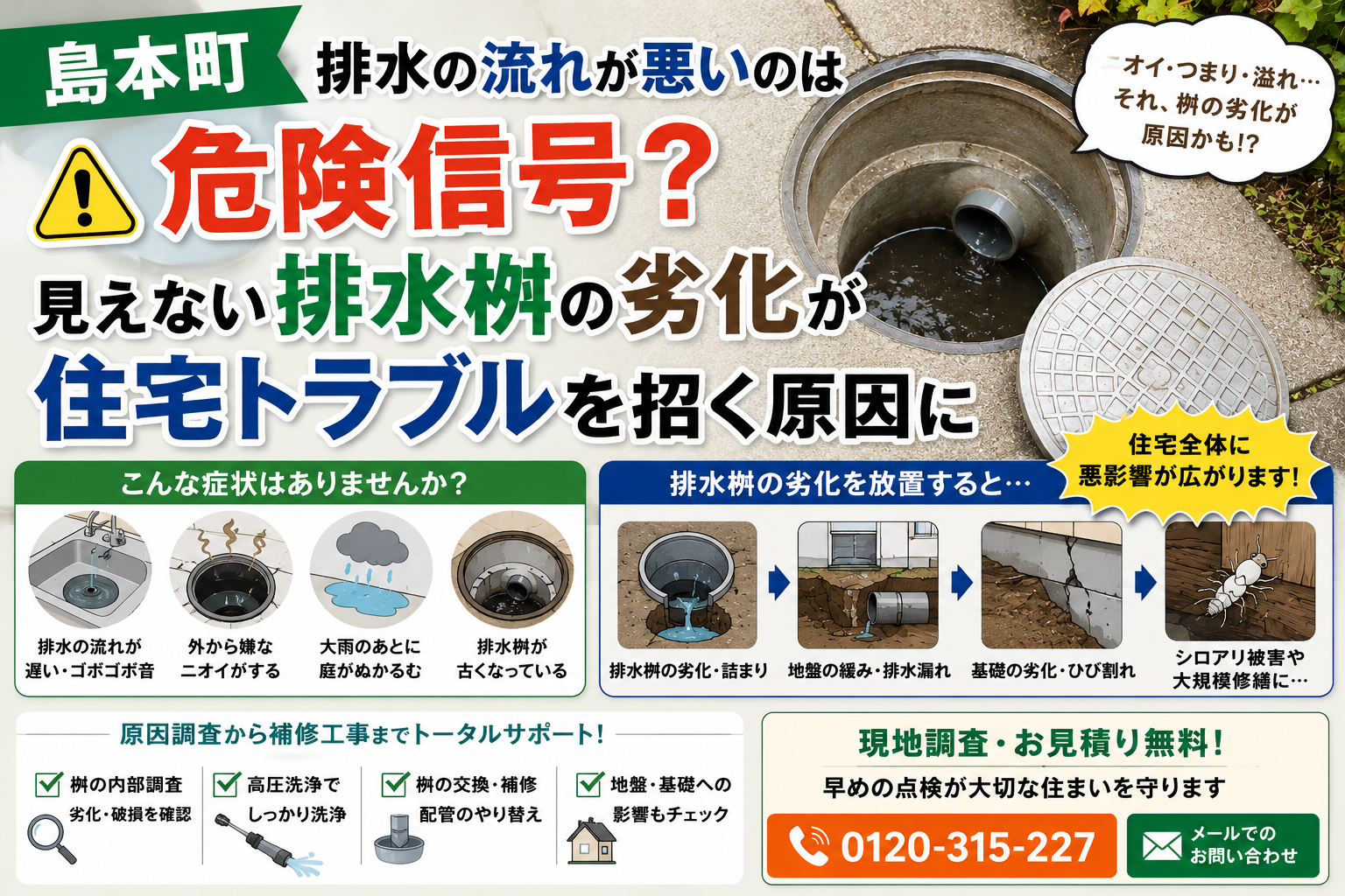 【島本町】排水の流れが悪いのは危険信号?見えない排水桝の劣化が住宅トラブルを招く原因に