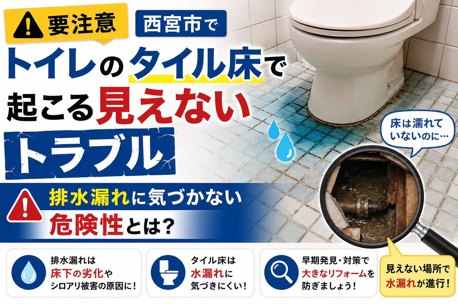 【要注意】西宮市でトイレのタイル床で起こる見えないトラブル|排水漏れに気づかない危険性とは?